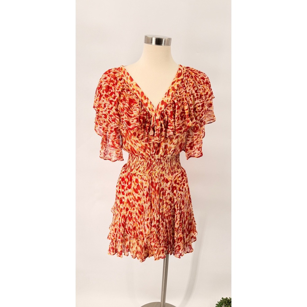 Gilner Farrar Ruffle Mini Dress Womens S Red Orange Abstract Smocked Silk Feel